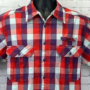 World Industries Button Front Shirt Red Check Plaid Skateboards Mens XL X-Large